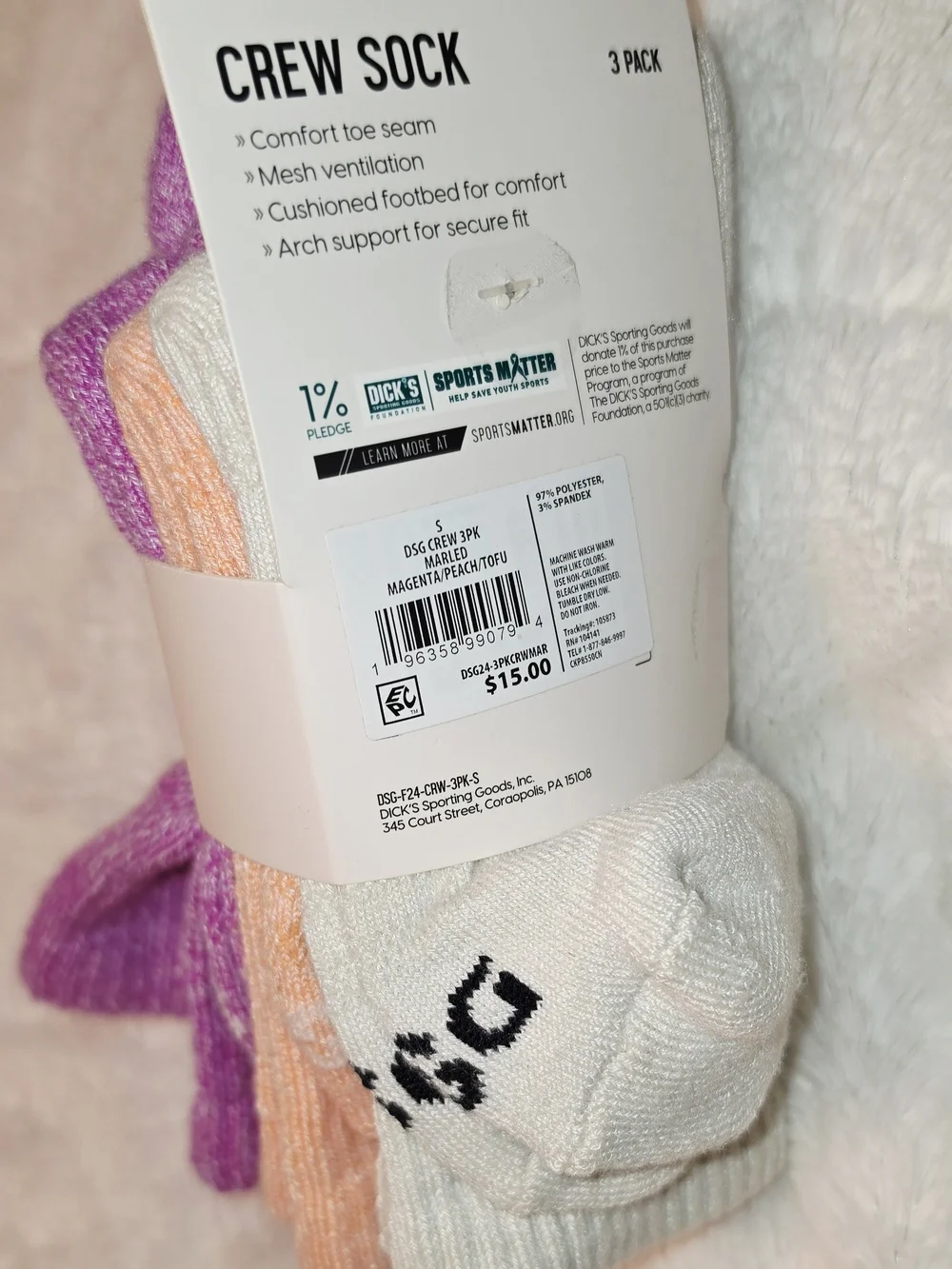 DSG Girls Purple, Peach & White Crew Socks 3-Pack (SOC56)